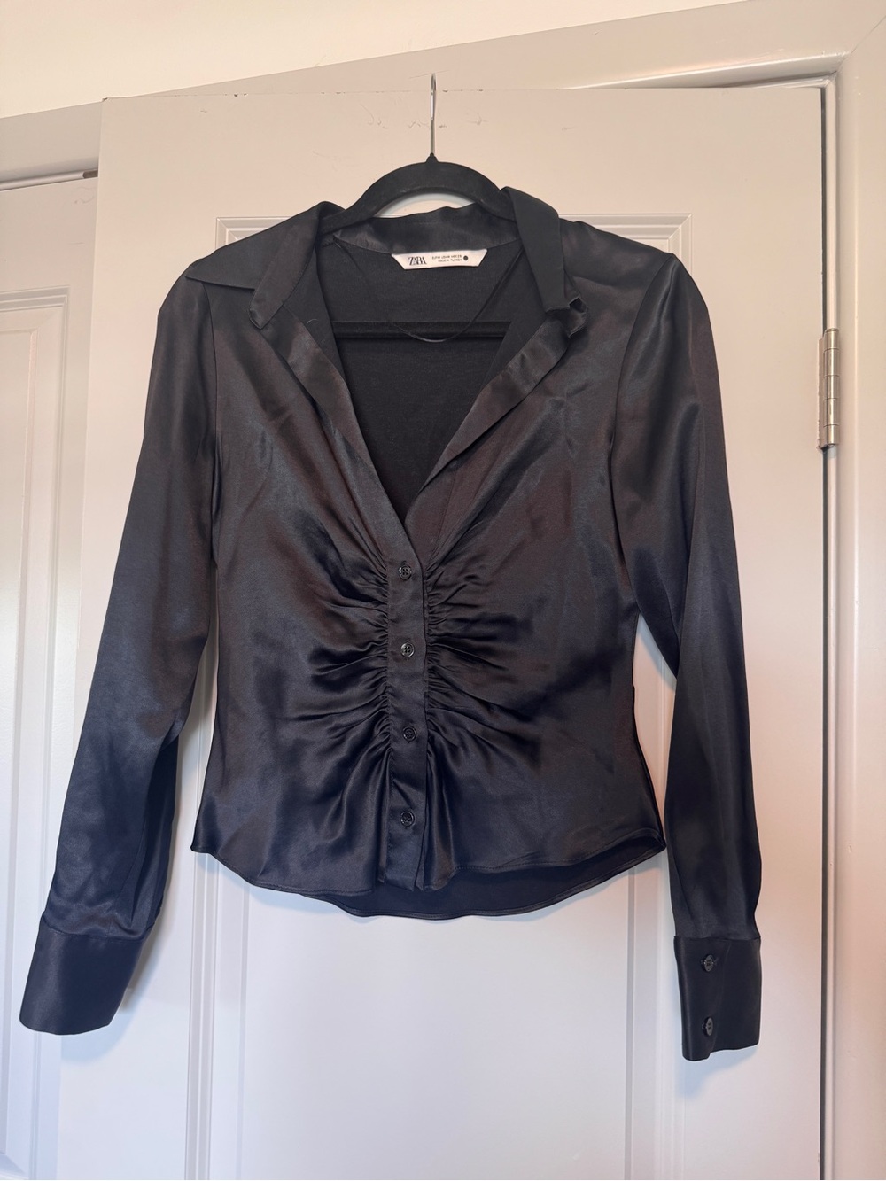 Zara Black Satin Ruched Button-Front Blouse